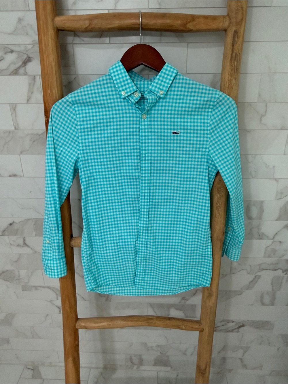 Boys small Vineyard Vines Turquoise Gingham Button-Down Shirt